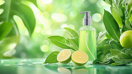 Sleek, luxury style green bottle of liquid soap is surrounded by fresh lime and lush green leaves, creating refreshing and natural atmosphere. vibrant background enhances product appeal