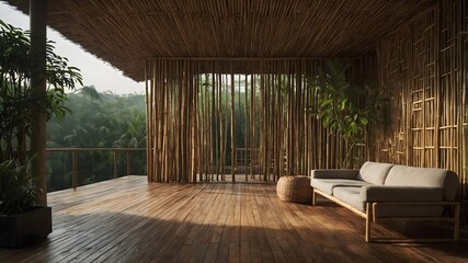 Modern Bamboo House with Minimalist Vietnamese Exterior, Diverse Natural Settings, Vibrant Accents, Realistic Textures, Dynamic Lighting, and Varied Weather Conditions for Eco-Friendly Appeal (AI-gene