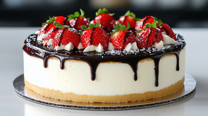 Delicious red velvet strawberry cheesecake with glossy chocolate finish is topped with fresh strawberries and cream, creating visually appealing dessert