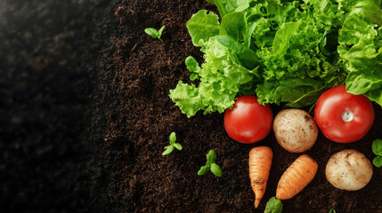 Fresh vegetables including tomatoes, carrots, lettuce on rich soil symbolize smart farm bounty
