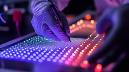 A chip researcher working on ultra powerful processors for big data analytics, futuristic data lab with live data streams, High-tech style