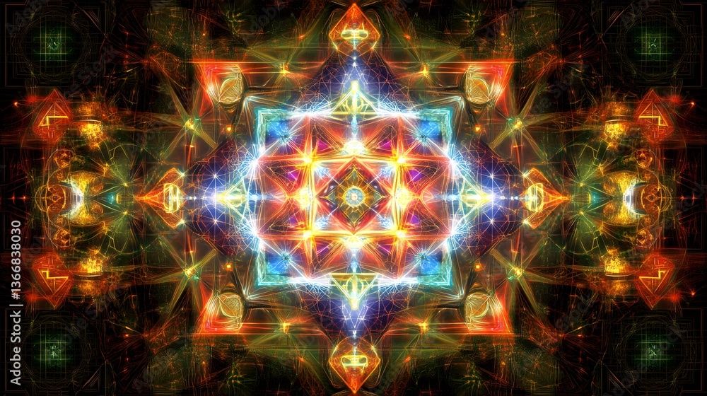Poster a colorful and symmetrical abstract design with glowing geometric elements