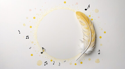 Obraz premium Soft pastel yellow feather with floating music notes in white background creating artistic space for inspirational quotes and dreamy music related design ideas cute illustration