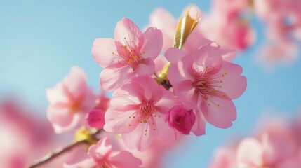 light pink cherry blossoms blooming on a branch against a clear sky, symbolizing the arrival of spring with their vibrant colors.