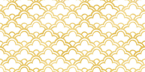 Hand drawn watercolor style Seigaiha of gold plum blossom, Japanese traditional pattern, Seamless vector background/手描きの水彩タッチの梅の青海波（金色）、日本の和柄背景