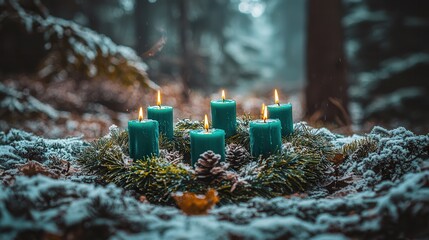 Fototapeta premium Teal Candles Glow on Snowy Winter Wreath in Forest