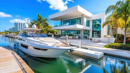 Obraz premium Luxury Yacht at Modern Waterfront Villa - Luxury Lifestyle