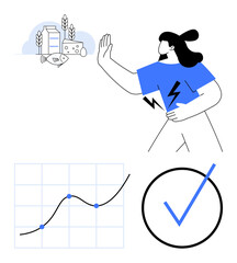 Woman avoids dietary triggers thumbs up dairy and fish, protects wellness with determination, reviews health progress on line chart, celebrates goal achieved with checkmark. Ideal for health