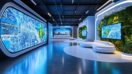 Obraz premium Futuristic Lobby with Interactive Screens - Biophilic Design
