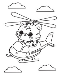 Coloring book tiger flying a helicopter under a cloudy sky