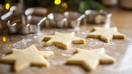 star-shaped cookie cutters cutting dough, with pieces of dough forming into perfect stars on a countertop