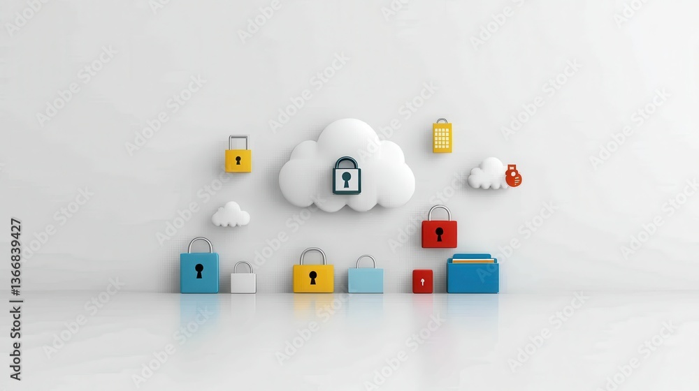 Poster abstract geometric shapes and icons representing secure cloud data storage privacy protection and cy