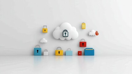 Obraz premium Abstract geometric shapes and icons representing secure cloud data storage privacy protection and cybersecurity technology solutions