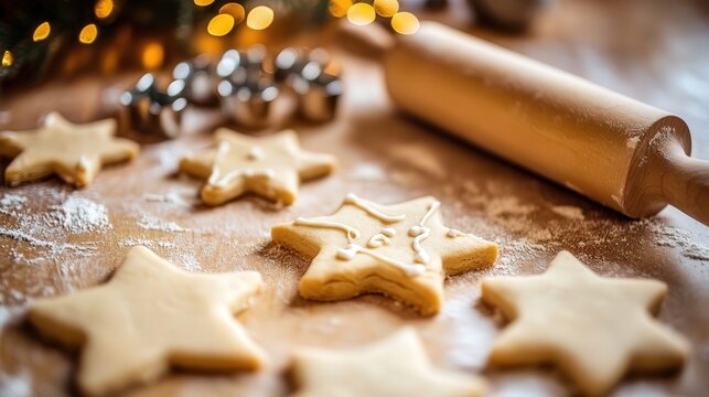 star-shaped cookies being cut from dough, with the dough rolling pin and festive cookie cutters visible in the frame.