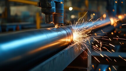 steel pipes being welded on a production line, with sparks flying and robotic precision creating perfect seams