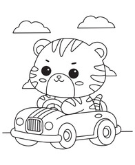 Coloring book tiger driving a car under a cloudy sky. Fun line art for coloring