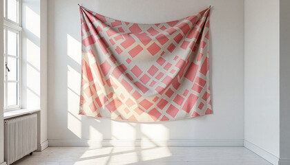 Modern textile design hanging on a wall in a bright room  