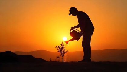 earth day concept, a silhouette of a person holding a watering can, pouring water over a small tree under the sunset