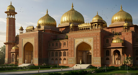 Ornate Indian Palace Facade With Golden Domes