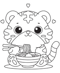 Coloring book  tiger eating noodles with chopsticks and hearts around.