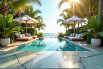 Fototapeta premium Luxury tropical resort poolside retreat with infinity pool, marble table, sun loungers, palm trees, and golden sunlight, serene vacation getaway with elegant design