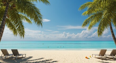 Relaxing Beach Scene with Palm Trees Turquoise Water and Lounge Chairs