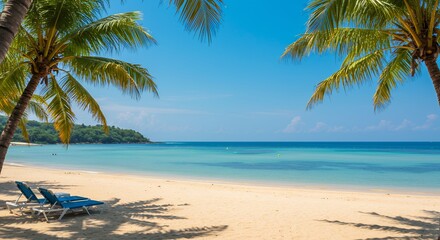 Relaxing Beach Scene with Palm Trees and Turquoise Water Getaway