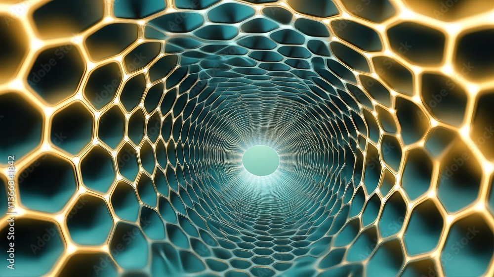 Poster hexagonal tunnel pattern with glowing edges and smooth gradients, giving the illusion of an infinite