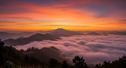 Naklejka premium Sunrise Over Misty Mountains
