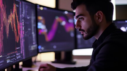 A cryptocurrency developer working on AI powered decentralized solutions for crypto backed decentralized art marketplaces, futuristic art lab with live data, High-tech style