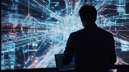 A cryptocurrency developer working on AI powered decentralized solutions for crypto backed decentralized art marketplaces, futuristic art lab with live data, High-tech style