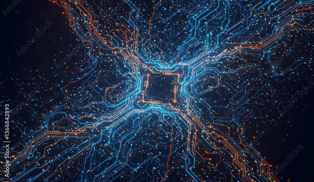 Poster abstract circuit board design with blue and orange lines representing technology network and data fl