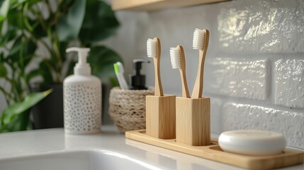 Eco Friendly Bathroom Accessories Setup Featuring Natural Bamboo Toothbrushes in Wooden Holders Soap Dispenser Bar Soap and Green Plant on White Countertop