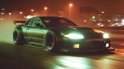 modified car with a wide body kit, sliding sideways with perfect control on a neon-lit track.