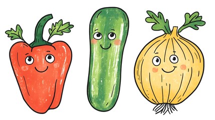Vibrant and whimsical of a red bell pepper green cucumber and yellow onion characters with smiling faces and friendly expressions