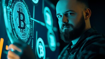 A cryptocurrency developer working on AI powered decentralized solutions for crypto backed tokenized real estate, futuristic real estate lab with live data, High-tech style