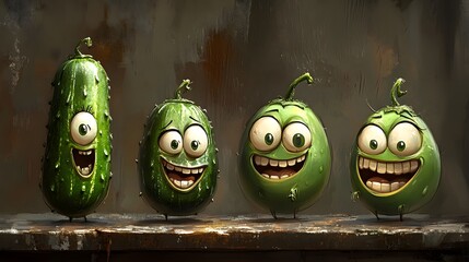 Whimsical of four smiling cartoon like vegetables with expressive faces creating a playful and humorous still life scene