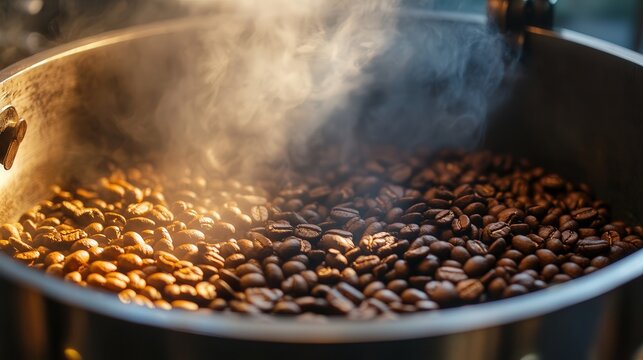 the roasting process of coffee beans, with steam rising and golden brown beans emerging from the roaster drum.