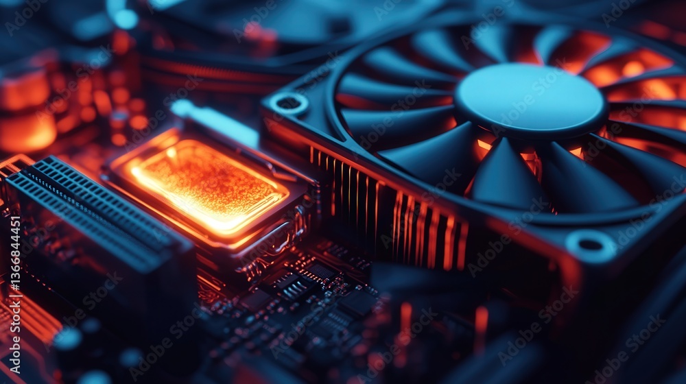 Poster cpu placed next to thermal paste and a high-tech cooling fan.