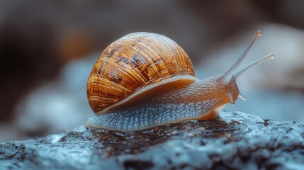snail crawling over a wet stone, with focus on its slimy trail and the delicate details of its translucent body.