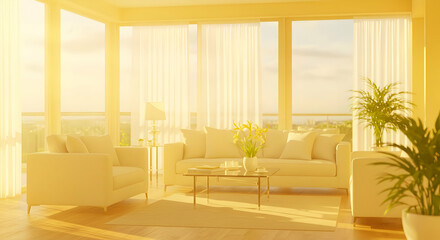 Fototapeta premium Sunny Modern Living Room With City View