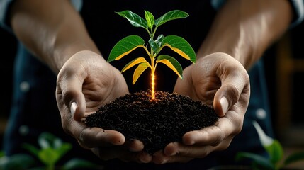 Hands Holding Healthy Green Plant Growing from Dark Soil Surrounded by Nature in Bright Environment