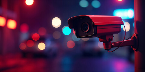 A video surveillance camera representing AI surveillance technologies. The concept of connecting to a high-tech fiber-optic security network. Traffic and city safety
