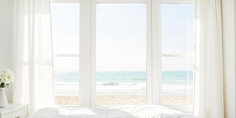 Fototapeta premium Bedroom with a large window on the right side. the window is covered with sheer white curtains that are open, allowing natural light to enter the room.