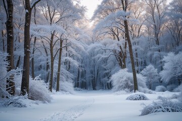 Naklejka premium Tranquil Snow-Covered Winter Forest Scene