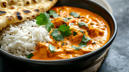 Chicken Tikka Masala Delight Featuring Fluffy Rice and Naan Bread Garnished with Fresh Cilantro in Dark Bowl on Textured Surface