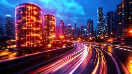Obraz premium Night Cityscape with Modern Skyscrapers and Digital Data Representation in a Technology Environment