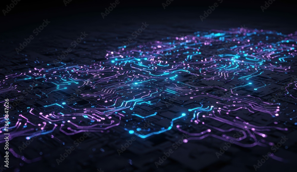 Poster abstract circuit board design with blue and purple lights creating technology atmosphere. concepts o