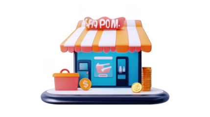 3D Illustration of a Shopfront Building with Orange and Blue Colors and Transparent Background