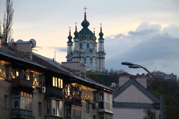 Naklejka premium Orthodox church in early spring at sunset, Kyiv, Ukraine, Europe.